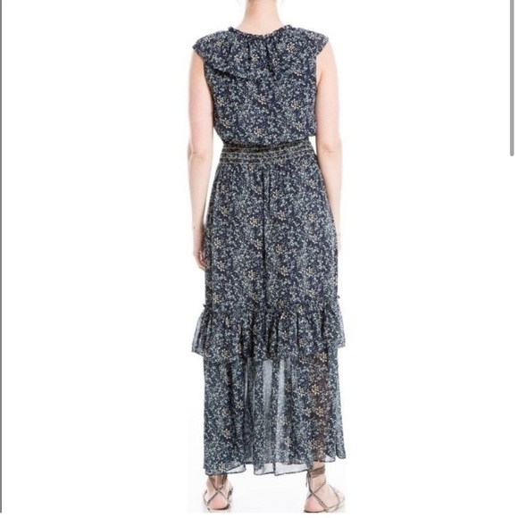 MAX STUDIO Navy Blue Floral Ruffled Georgette V-Neck Sleeveless Maxi Dress - Picture 9 of 9